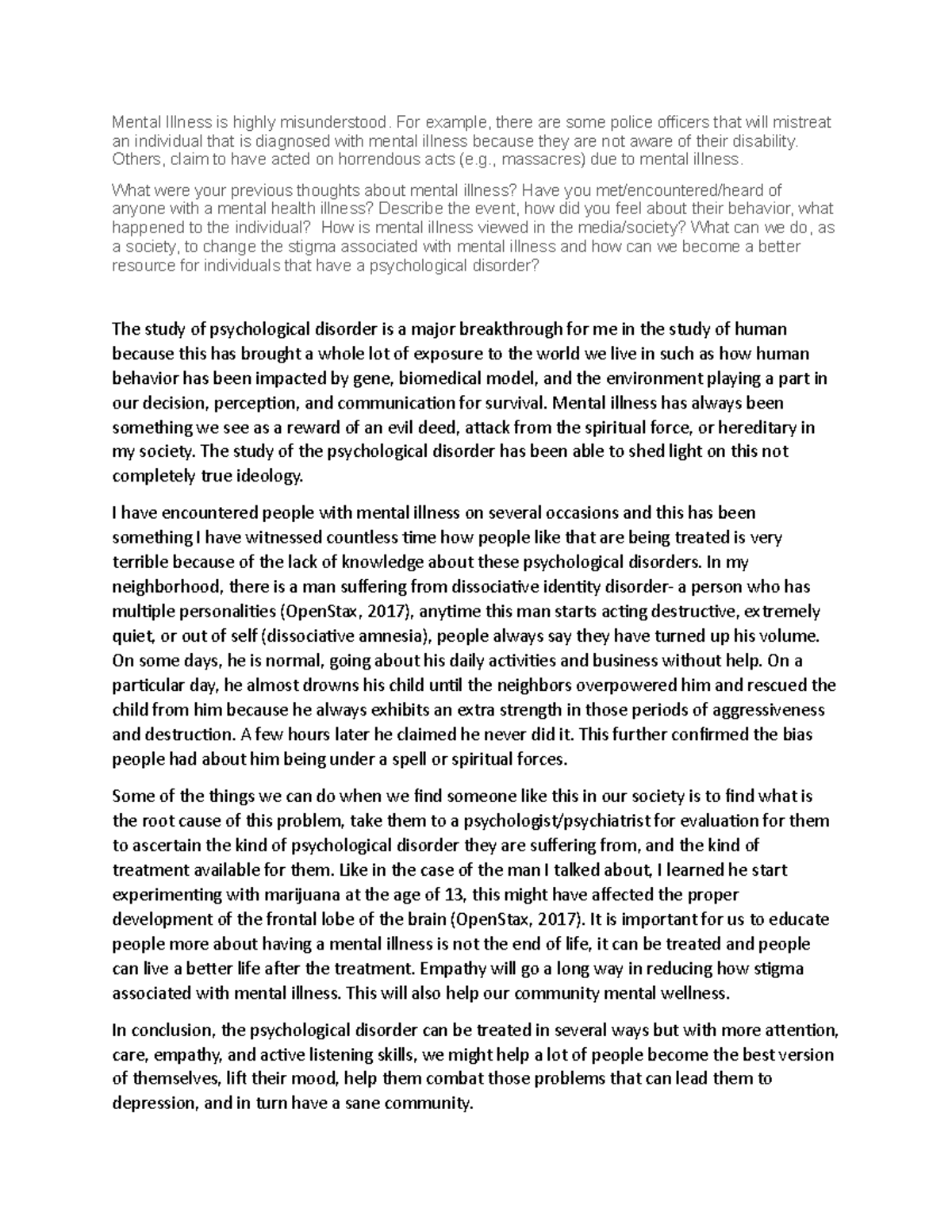 Discussion Forum Week 8: Understanding and Addressing Mental Illness ...