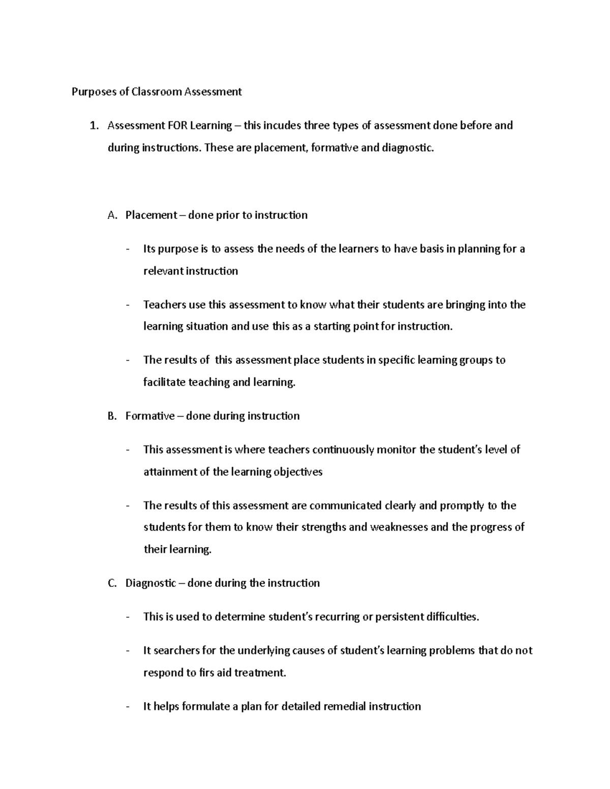 Purposes of Classroom Assessment: FOR, OF, and AS Learning Types - Studocu