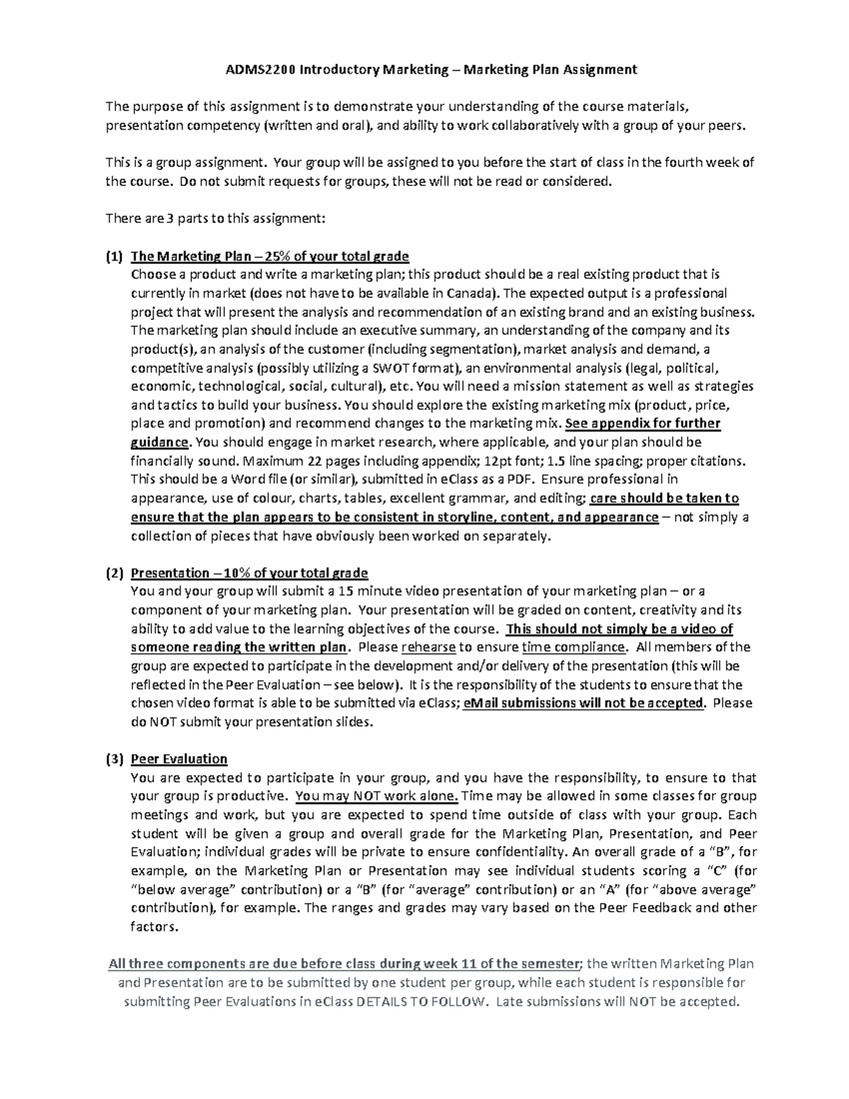 ADMS2200 Marketing Plan Assignment: Group Project Overview and ...