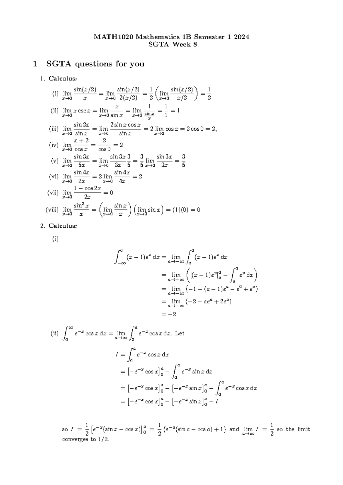 MATH1020 Calculus SGTA Week 8 Solutions for Semester 1 2024 - Studocu