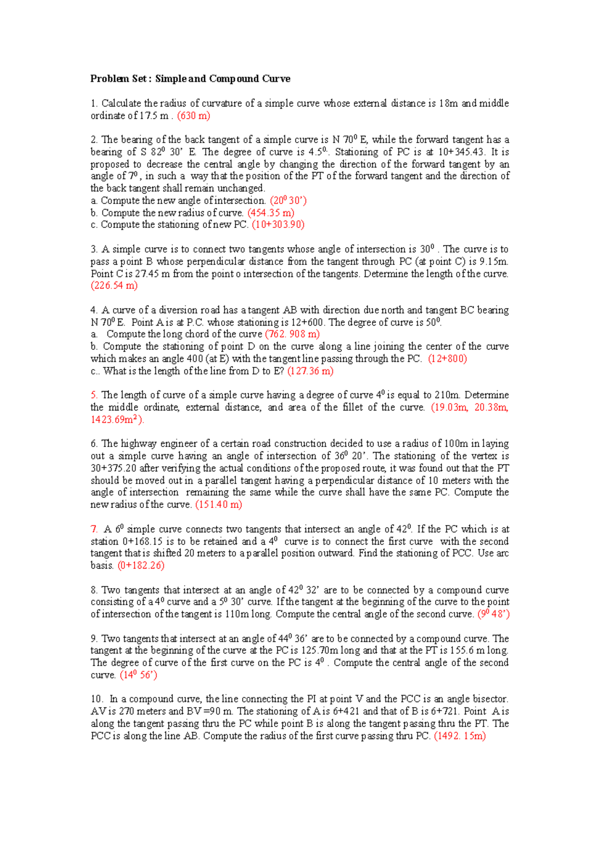 Problem Set 1: Simple & Compound Curves Calculations and Solutions ...
