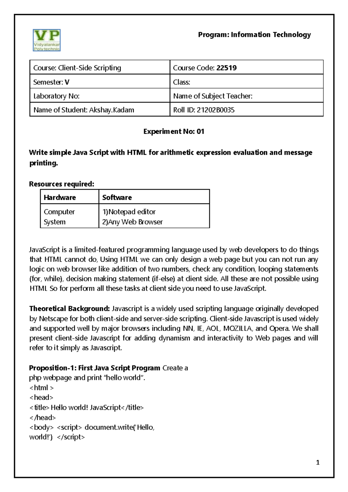 CSS 22519 Lab 21202B: JavaScript Basics & Operations (Experiments 1-8 ...
