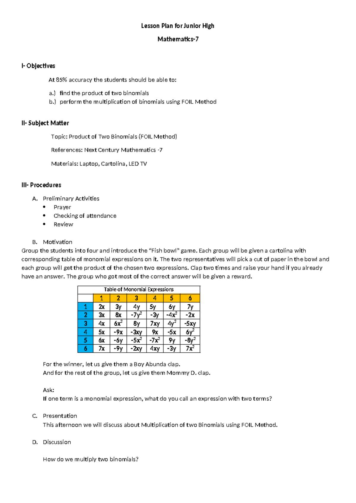 Lesson Plan: Using FOIL Method for Multiplying Binomials - Studocu