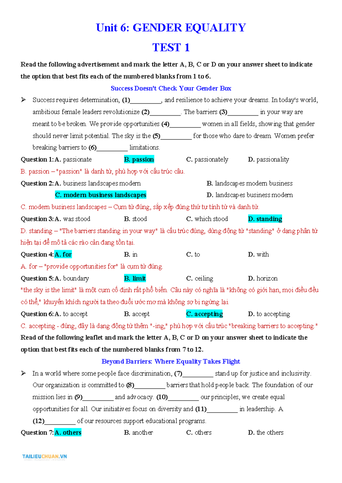 BỘ TEST Global Success 10 - FORM 2025: Unit 6 Gender Equality Test 1 ...
