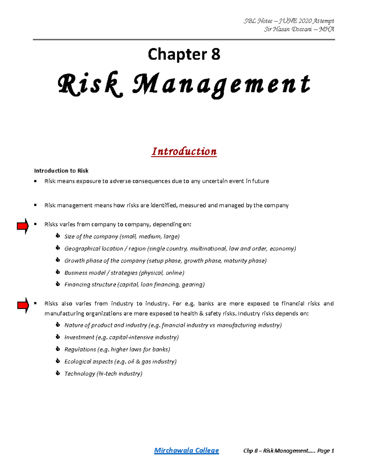Chp 8 - Risk Management Overview and Insights (SBL Notes by Sir Hasan ...