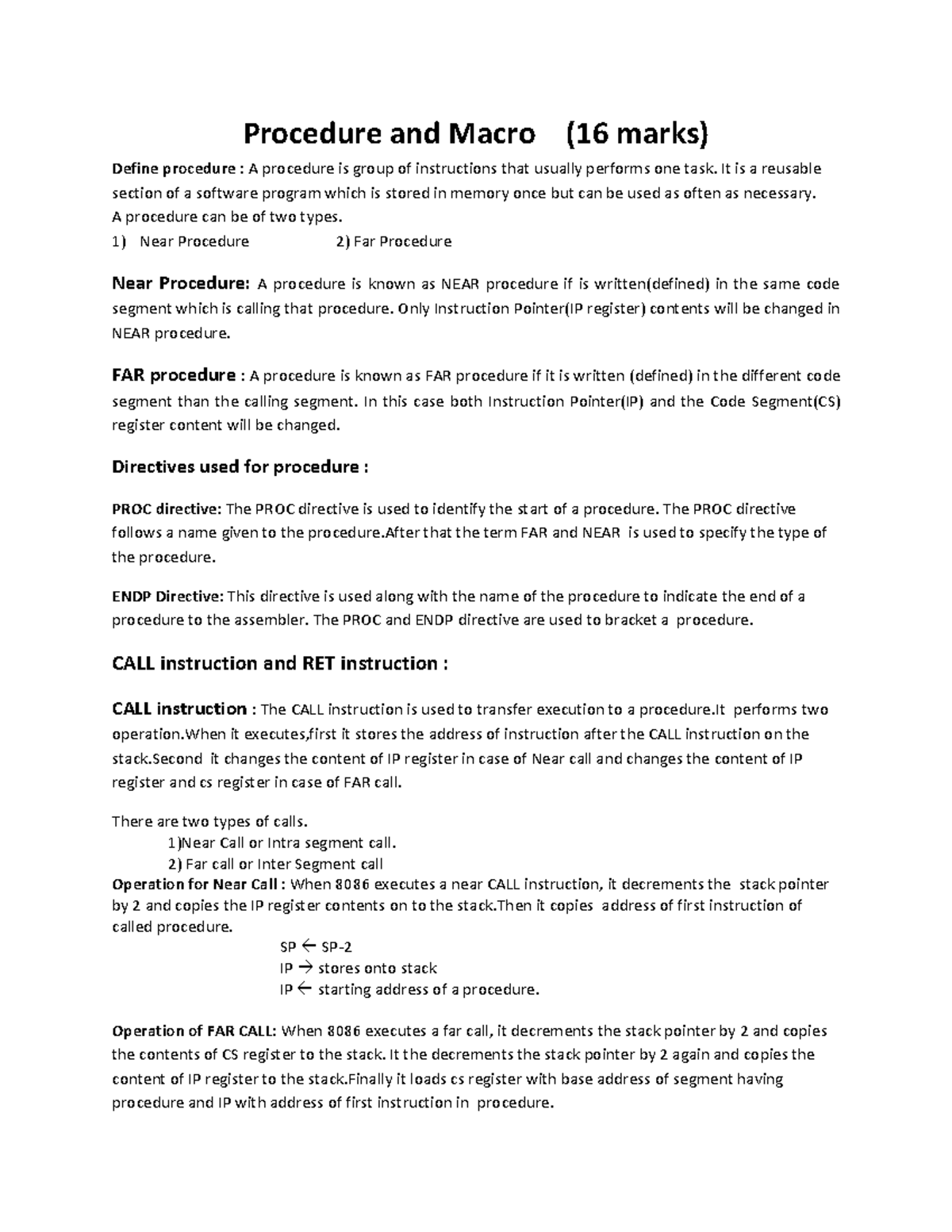 Microprocessor 8086 CALL Instruction and Procedure Overview - Studocu