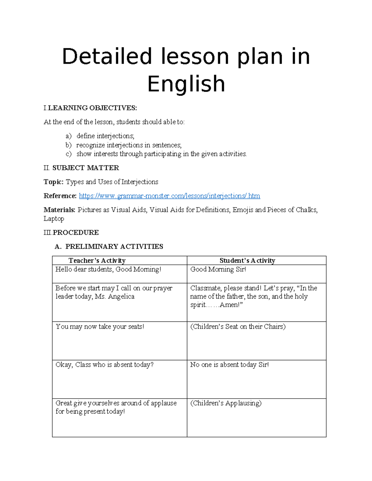 Detailed lesson plan in English ii - Detailed lesson plan in English I ...