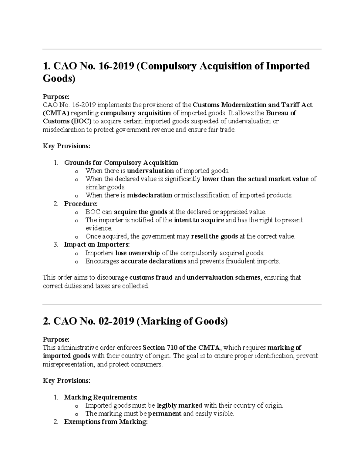 CMTA - Customs and Immigration - 1. CAO No. 16-2019 (Compulsory ...