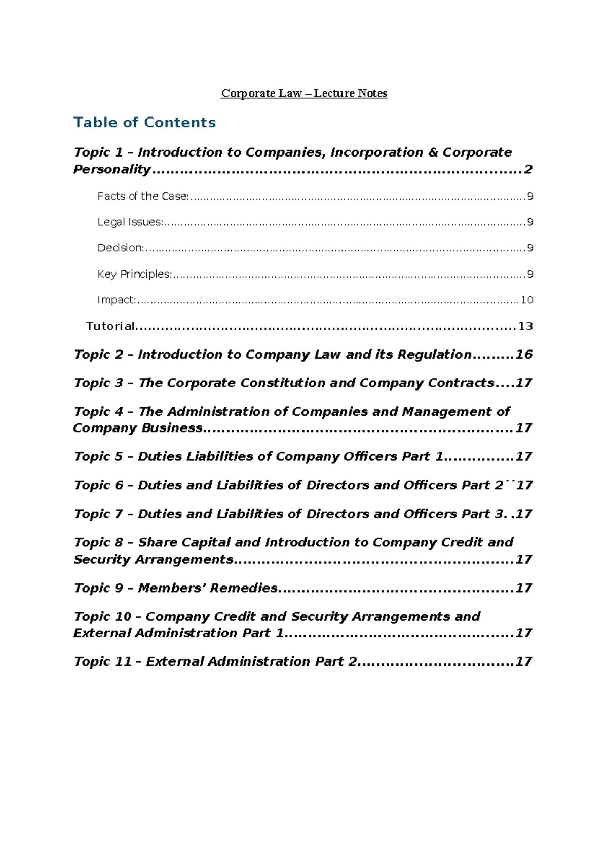 Corporate Law - Week 1-3 Lecture Notes Overview - Studocu