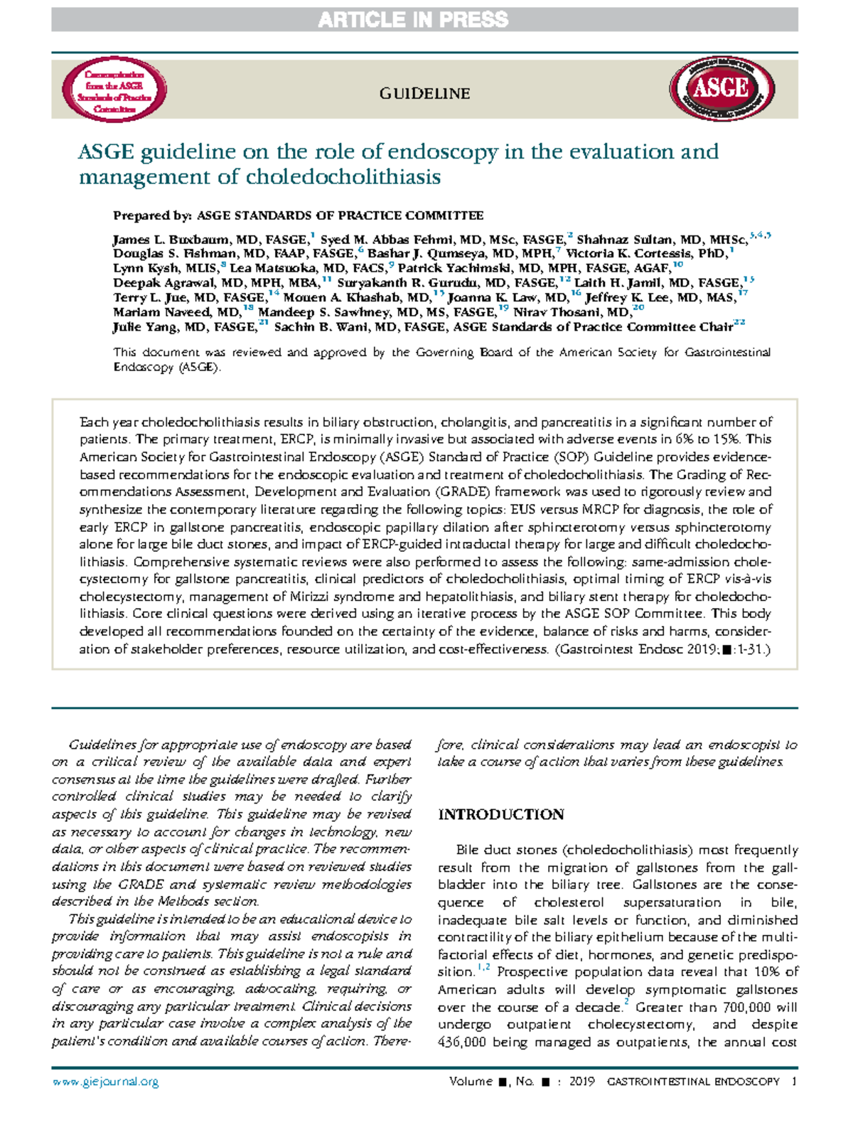 ASGE Guidelines: Endoscopic Management of Choledocholithiasis - Studocu