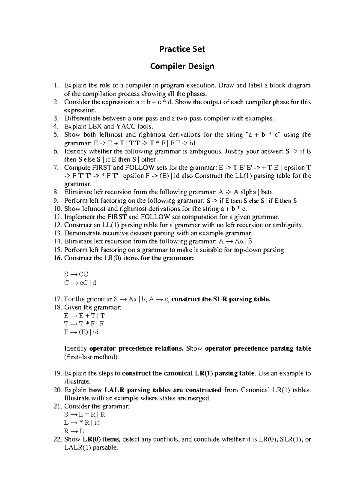 Practice Set for Compiler Design (CS101) - Studocu