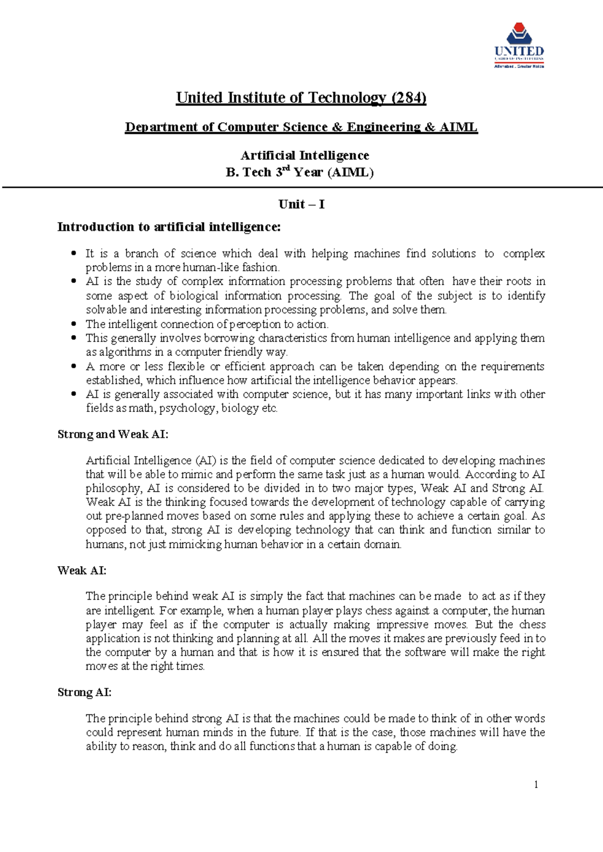 AI Unit 1 Notes - useful for B.tech students - United Institute of ...