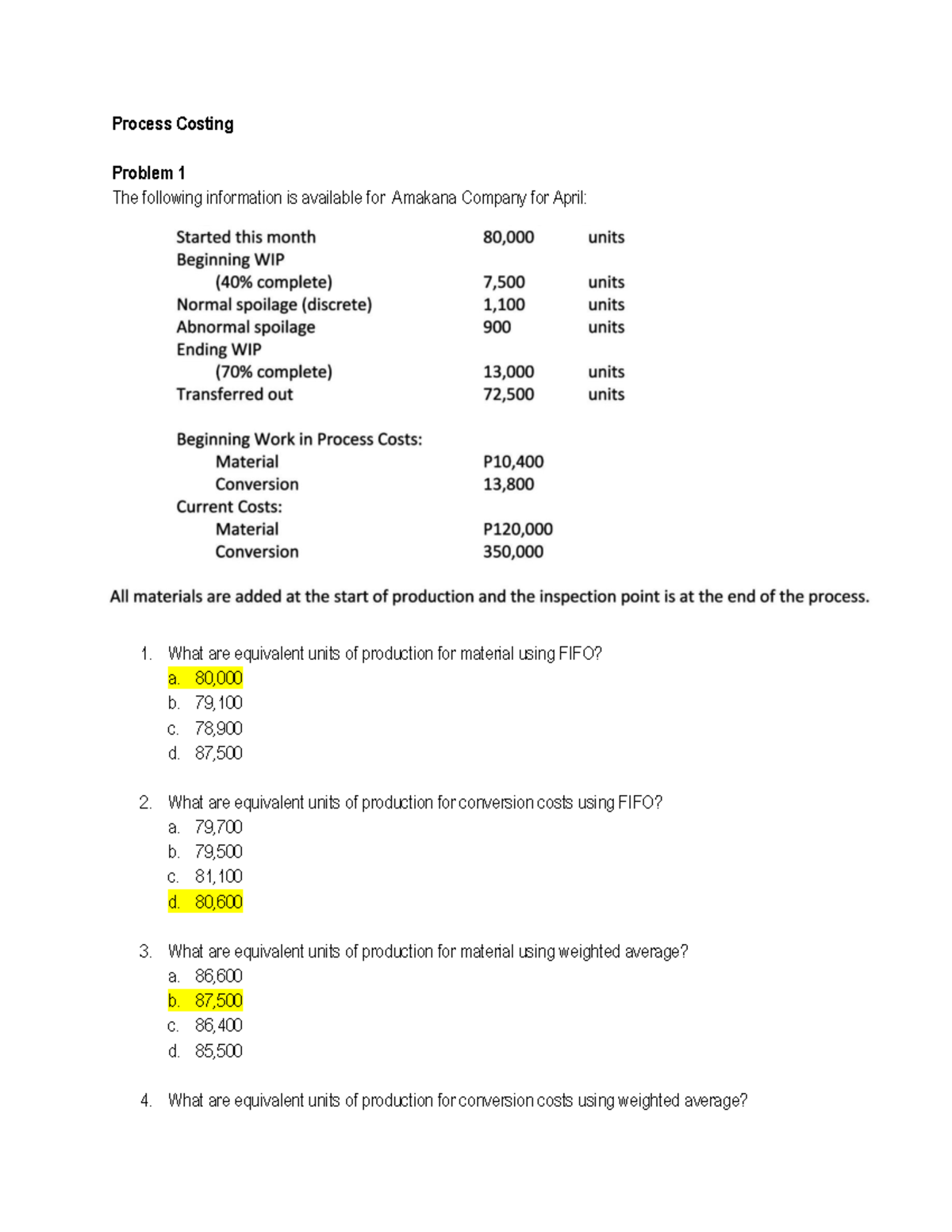 Process Costing Problems & Solutions (FIFO & Weighted Avg) - Studocu
