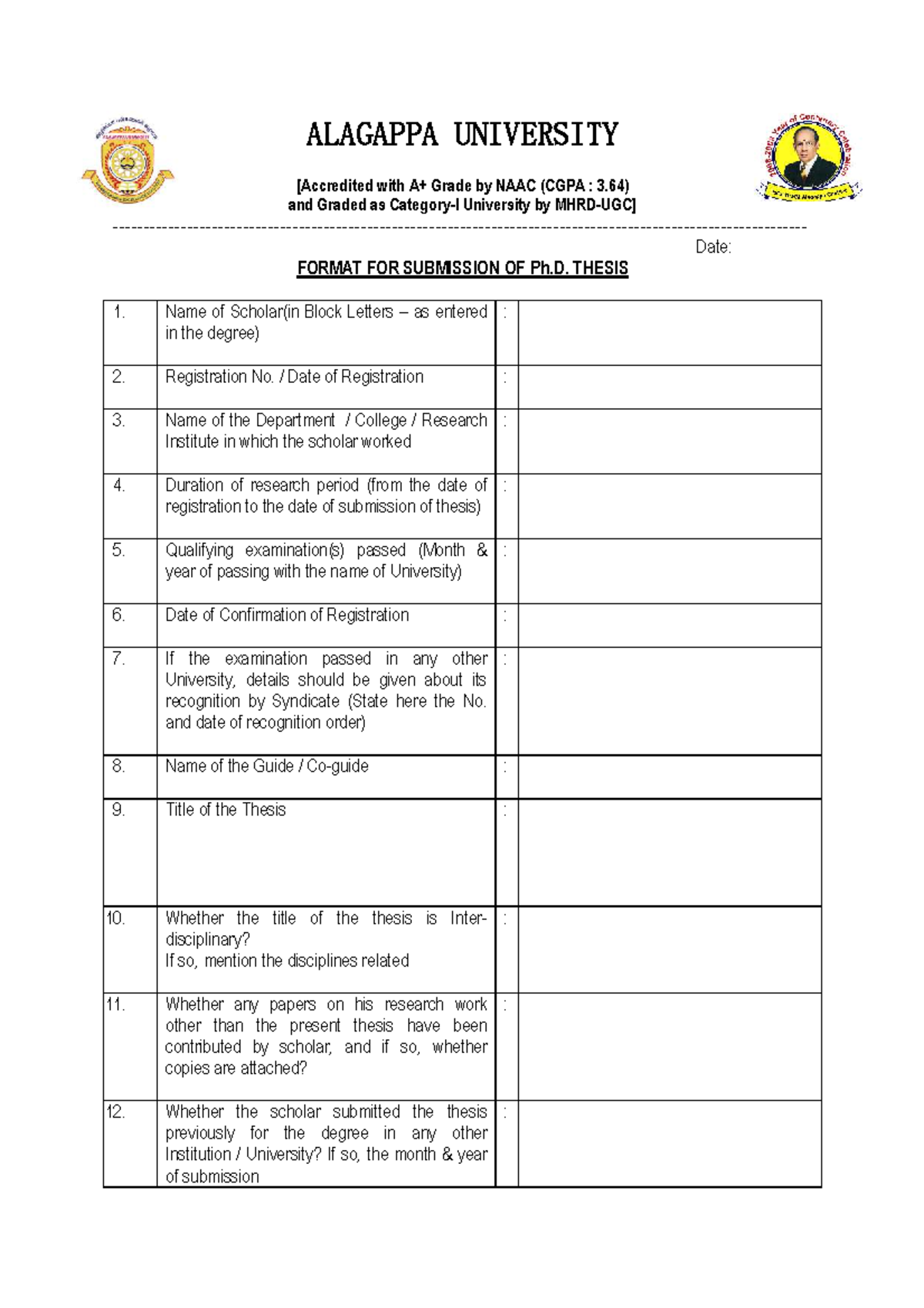 Ph.D. Thesis Submission Format - ALAGAPPA UNIVERSITY - Studocu