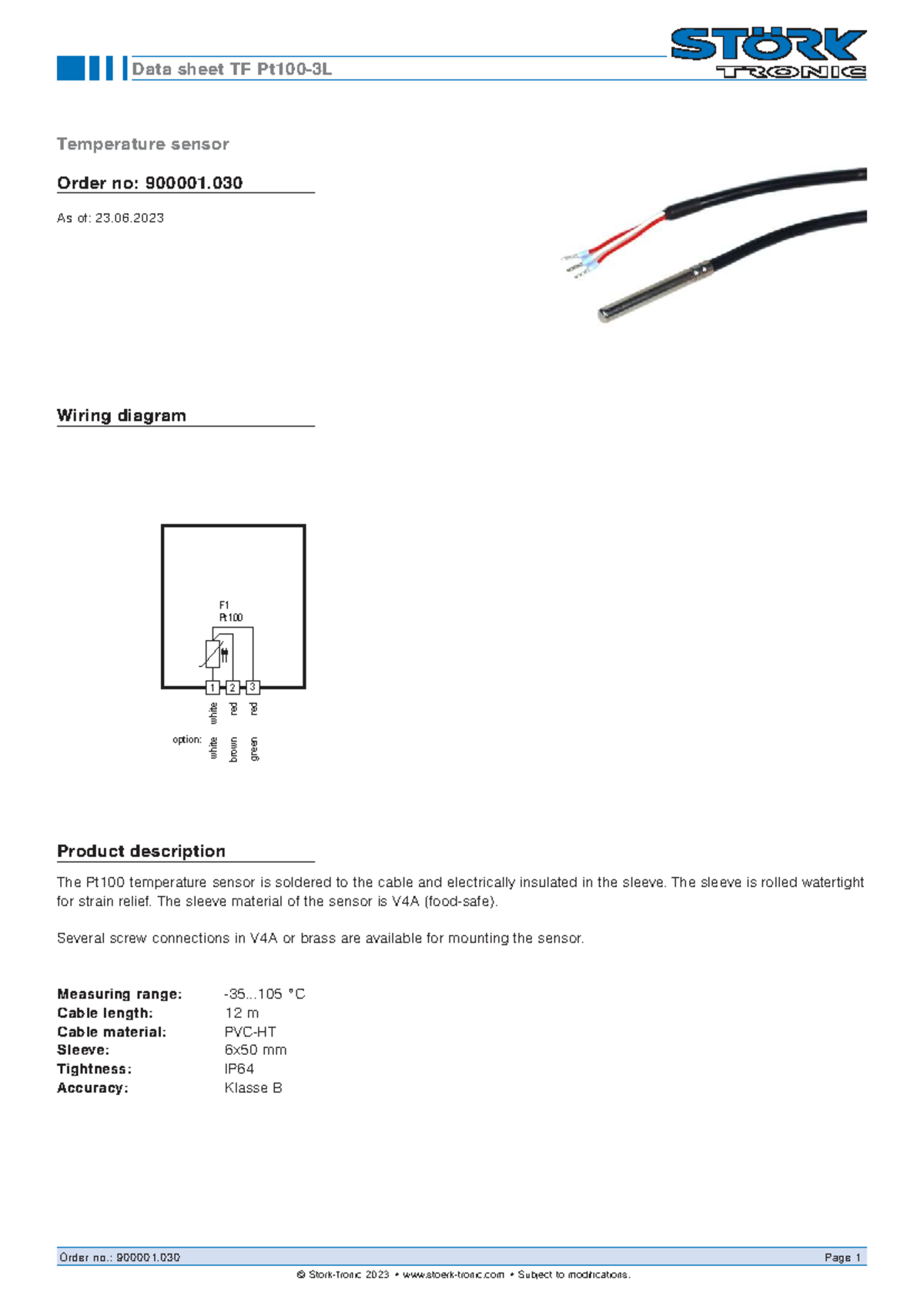 Data Sheet TF: Pt100 Temperature Sensor Notes - Studocu