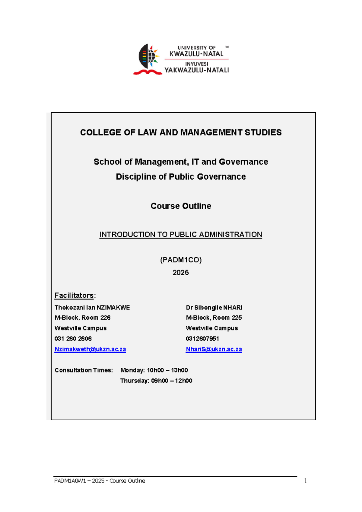 PADM1CO 2025 Course Outline: Introduction to Public Administration ...