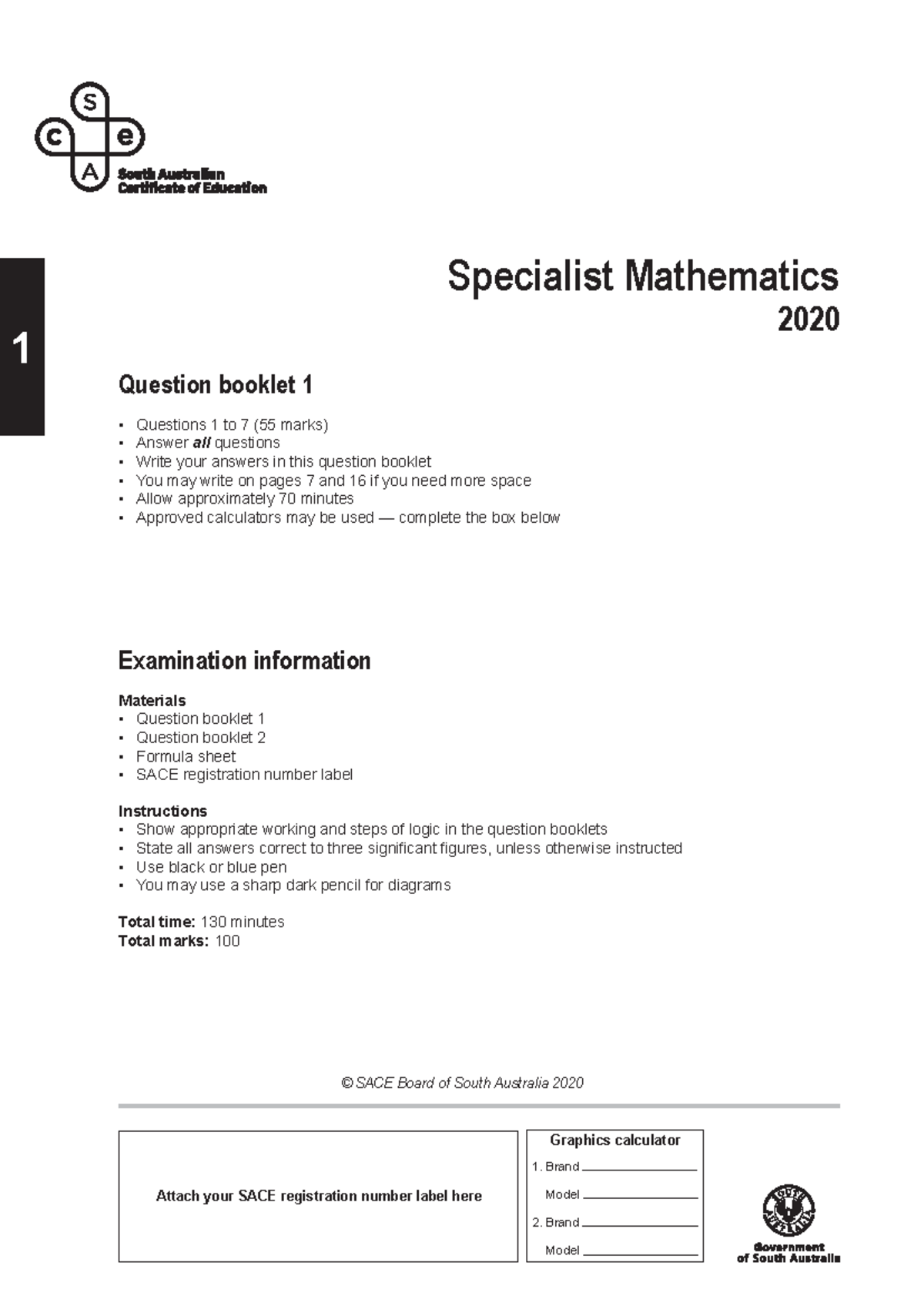 2020 SACE Specialist Mathematics Exam Paper: Q&A Booklet 1 & 2 - Studocu
