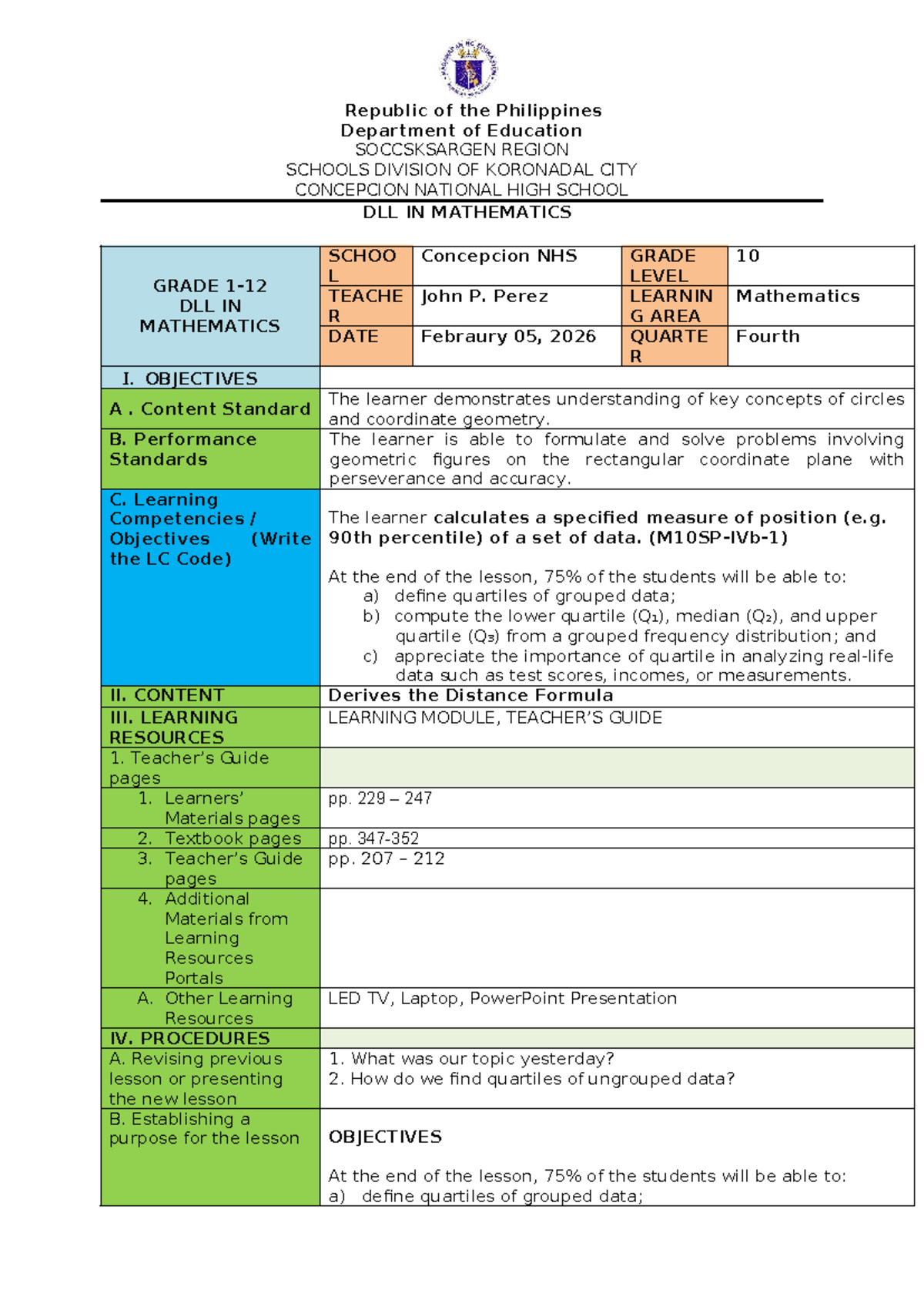 Grade 10 Math Lesson Plan: Understanding Quartiles & Geometry - Studocu