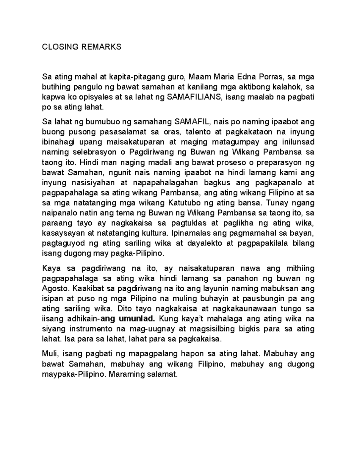 Closing Remarks on Buwan ng Wikang Pambansa - educ - Studocu
