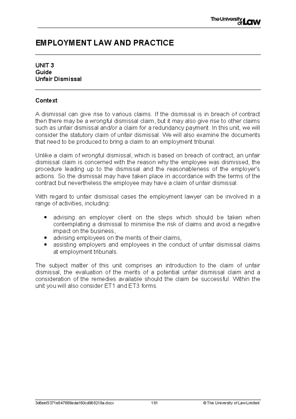 EMPLOYMENT LAW AND PRACTICE UNIT 3: Unfair Dismissal Analysis Guide ...