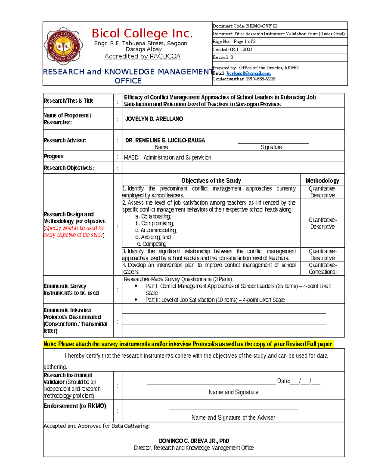 Research Instrument Validation Form: Conflict Management Approaches ...