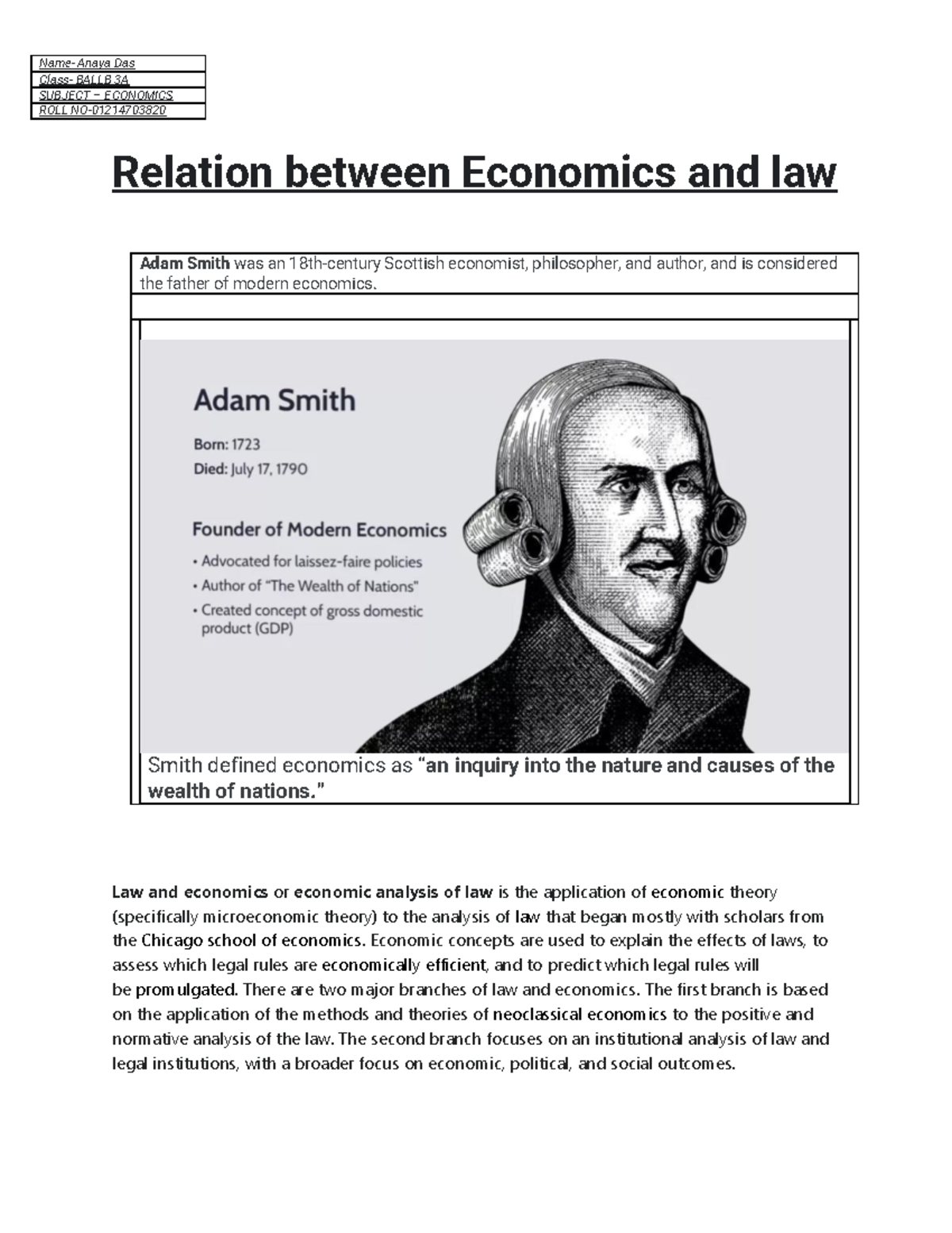 Eco PSDA - Sunmary - Relation between Economics and law Adam Smith was ...