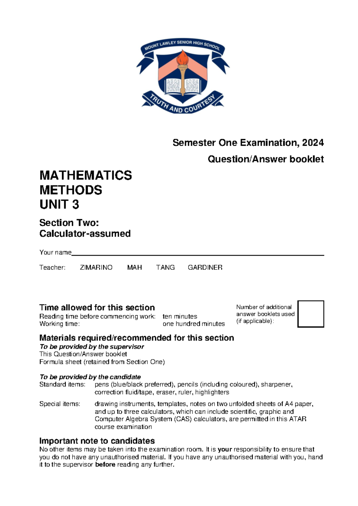 WAEP 2024 Year 12 Mathematics Methods Unit 3 Semester 1 Exam - Studocu