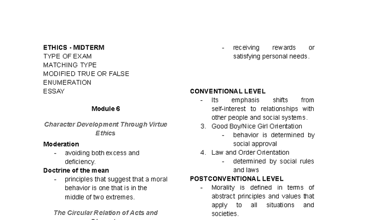 ETH - Midterm Exam Notes on Virtue Ethics and Moral Development - Studocu