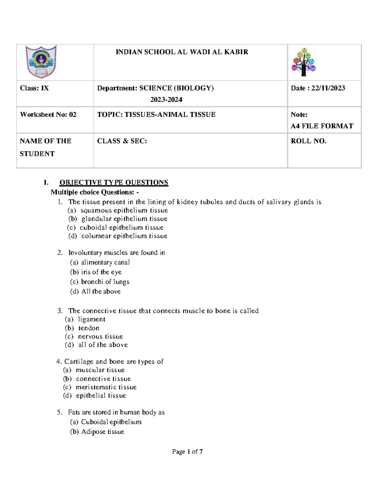 Class IX Biology Worksheet: Animal Tissue (WS 02) - Studocu