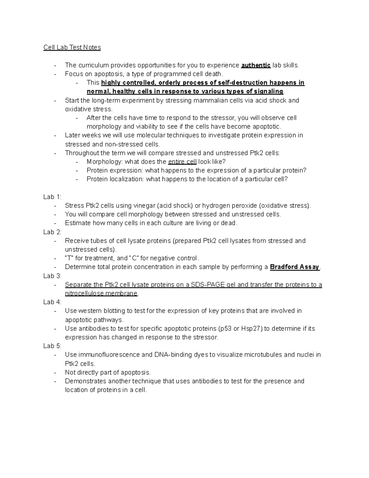 CELL BIO LAB TEST - Final Notes on Apoptosis & Protein Expression - Studocu