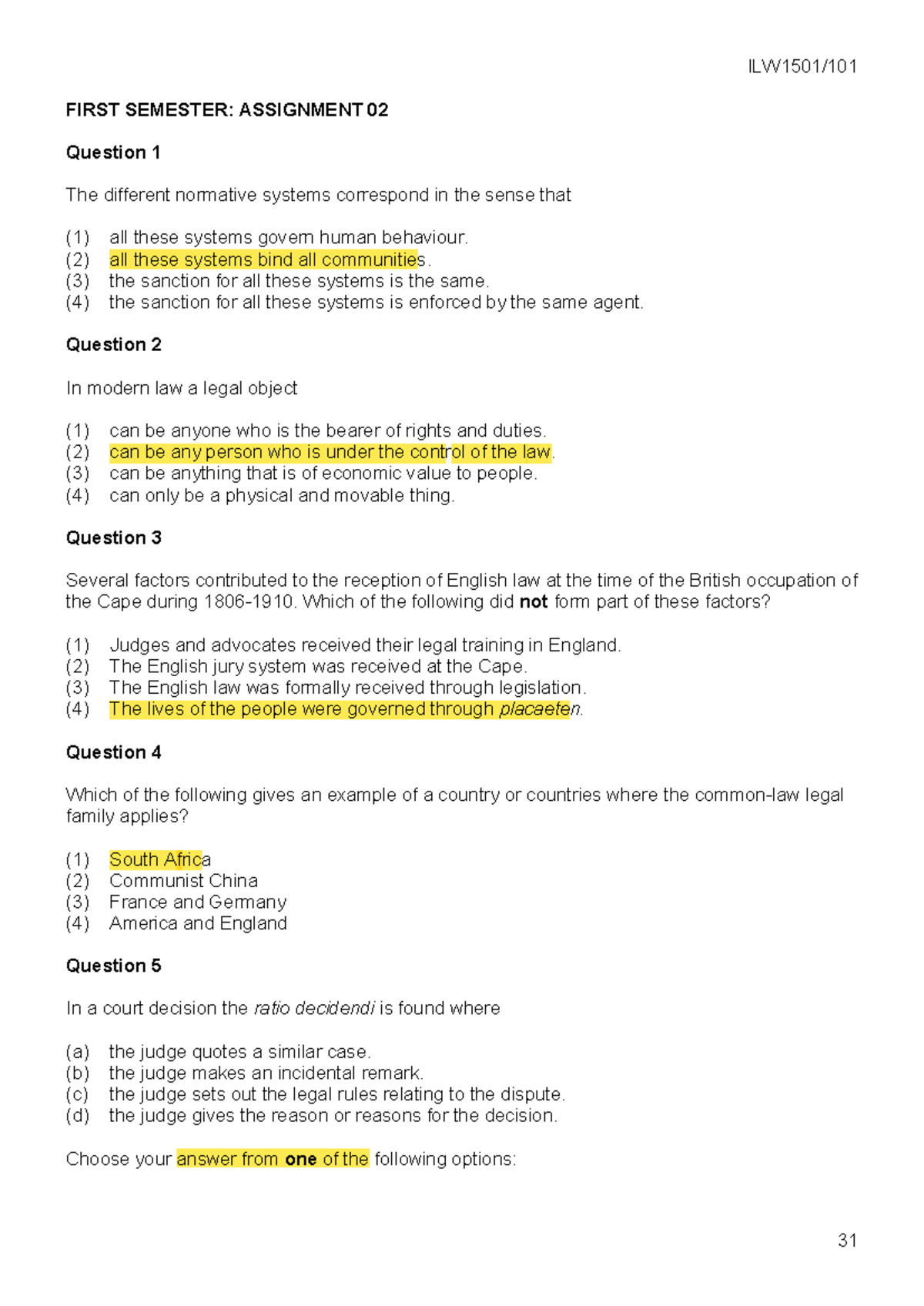 ILW 1st Semester: Assignment 02 Multiple Choice Questions - Studocu