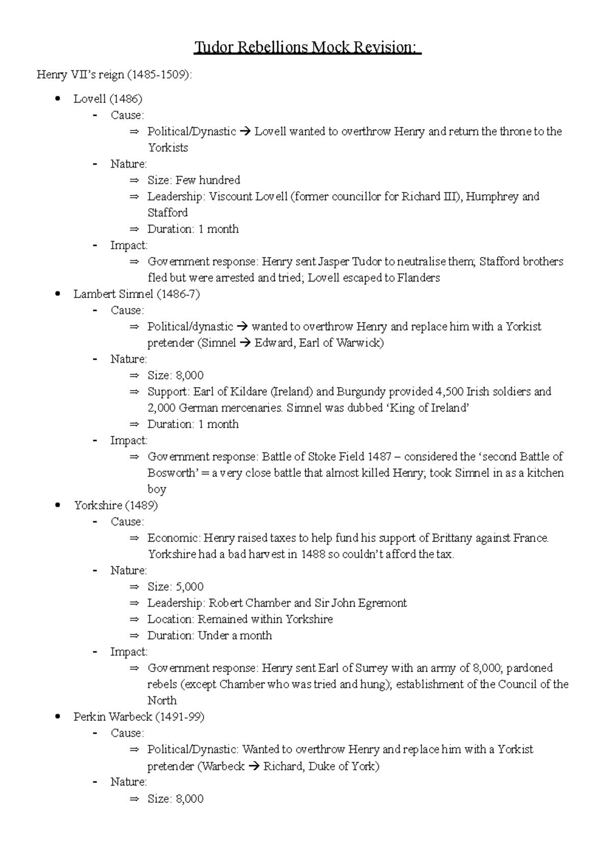 Tudor Rebellions Mock Revision: Key Causes and Impacts (HIST101) - Studocu