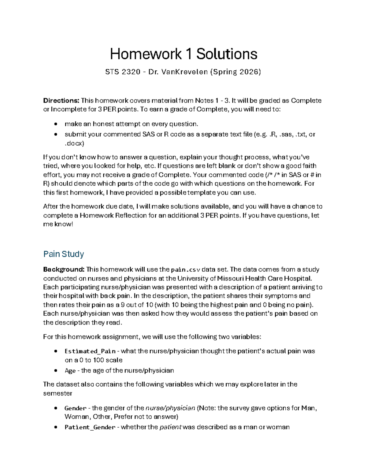 Homework 1 Solutions for STS 2320 - Pain Study Analysis - Studocu
