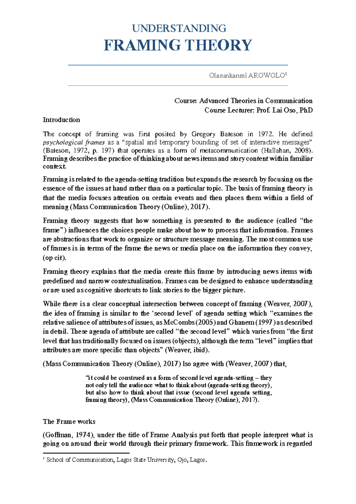 Understanding Framing Theory: Insights for Advanced Comm (COM 501 ...