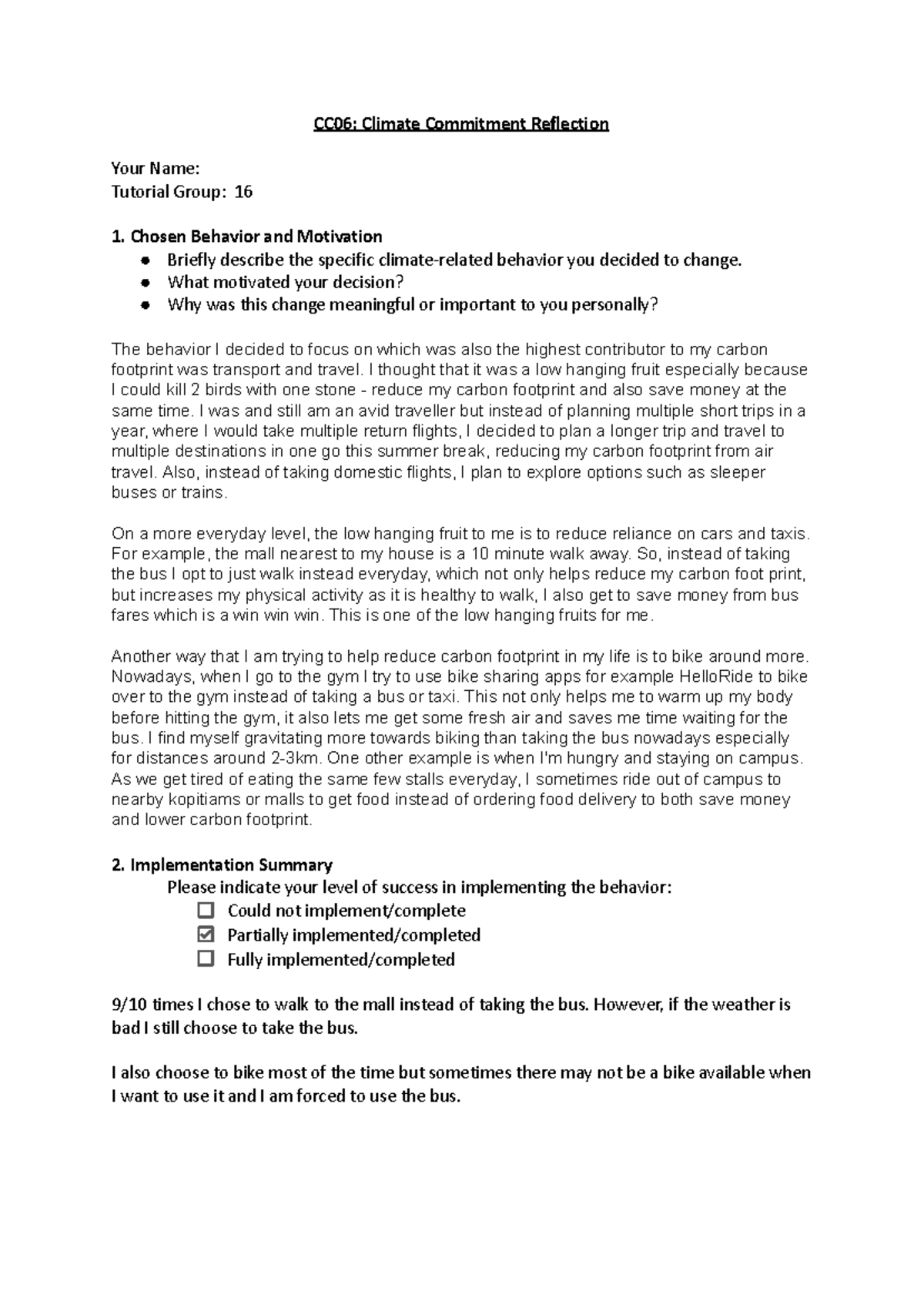 CC06: Climate Commitment Reflection - Behavior Change Insights - Studocu