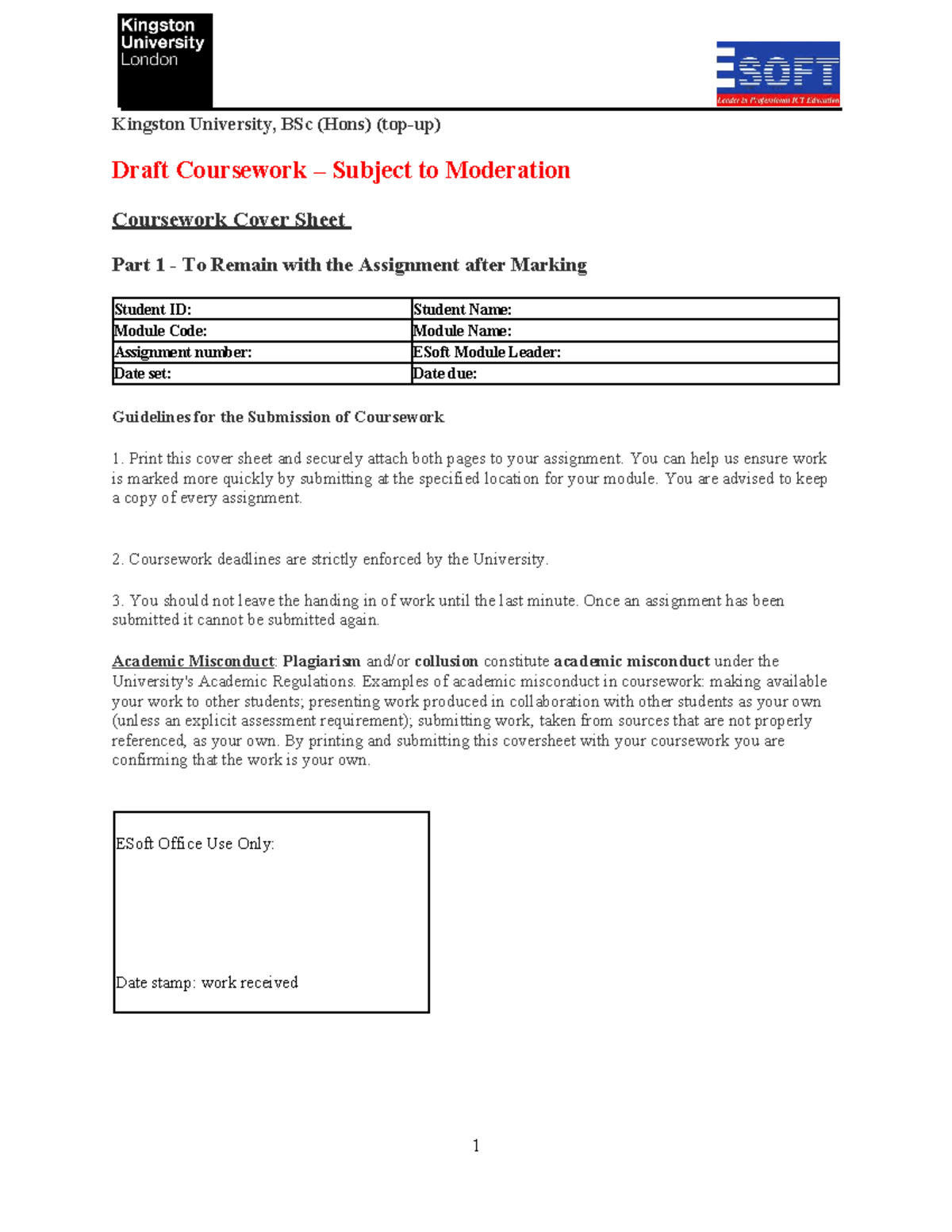 CI6125 Software Development Practice Coursework Cover Sheet and ...