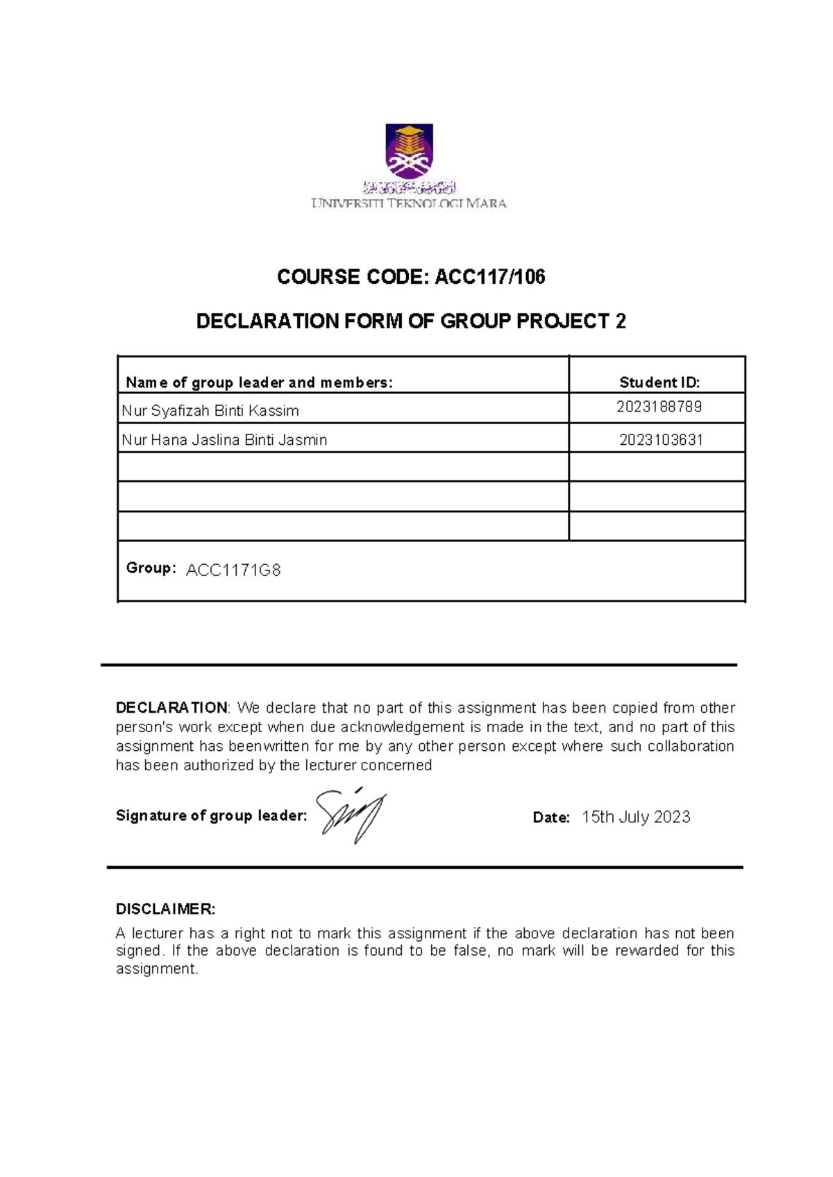ACC 117 Group Project 2 Declaration and Financial Analysis Report - Studocu