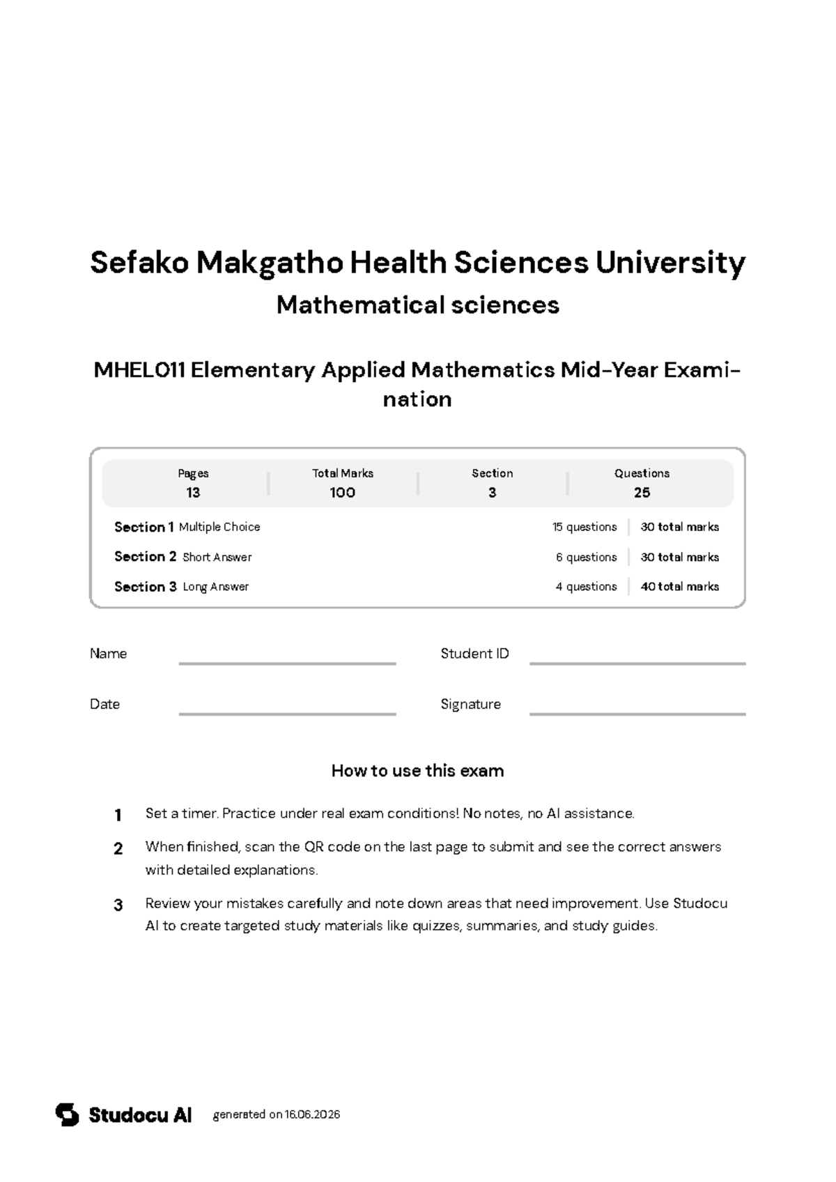 MHEL011 Elementary Applied Mathematics Mid-Year Exam - Studocu