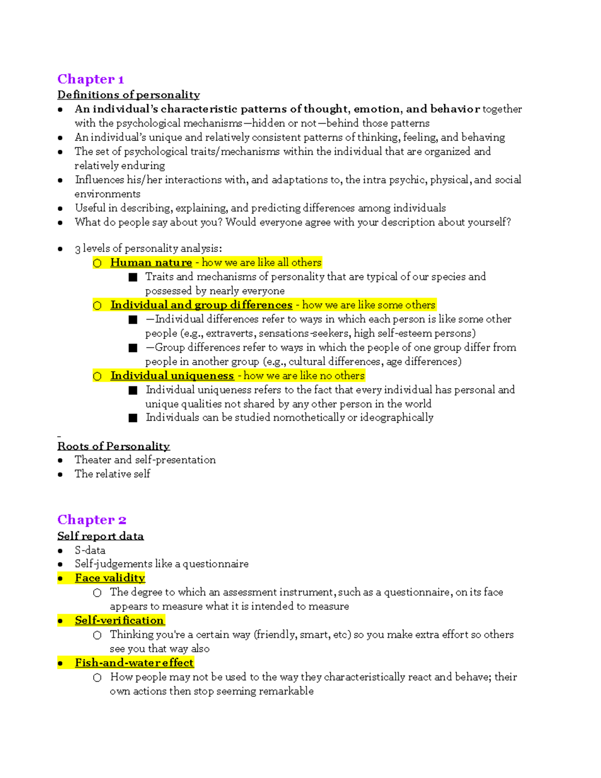 Personality Final - Chapter 1 Definitions of personality An individual ...