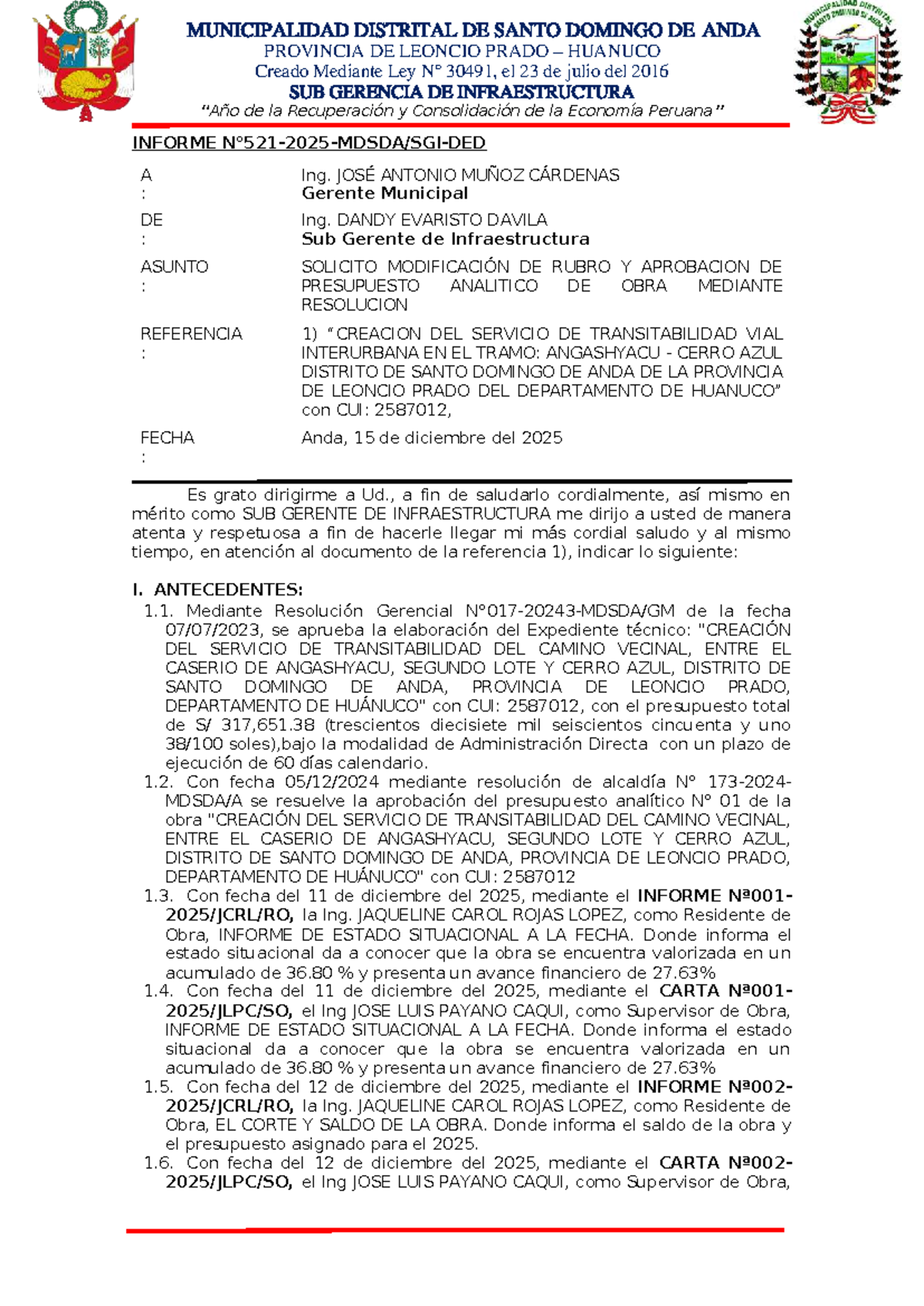 Informe N° 521 - 2025: Solicitud de Modificación y Aprobación de Presupuesto - Document Preview
