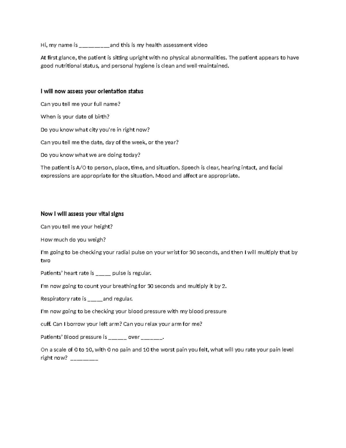 Health Assessment Script: Patient Evaluation Overview - Studocu