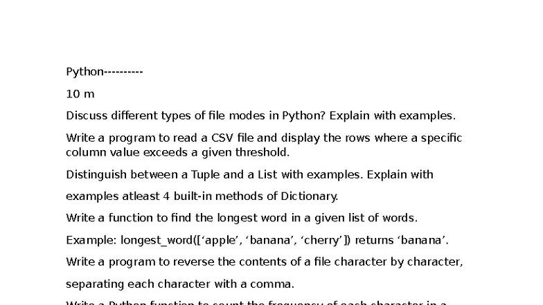 Python Important PYQ: File Modes, Data Structures & Functions - Studocu