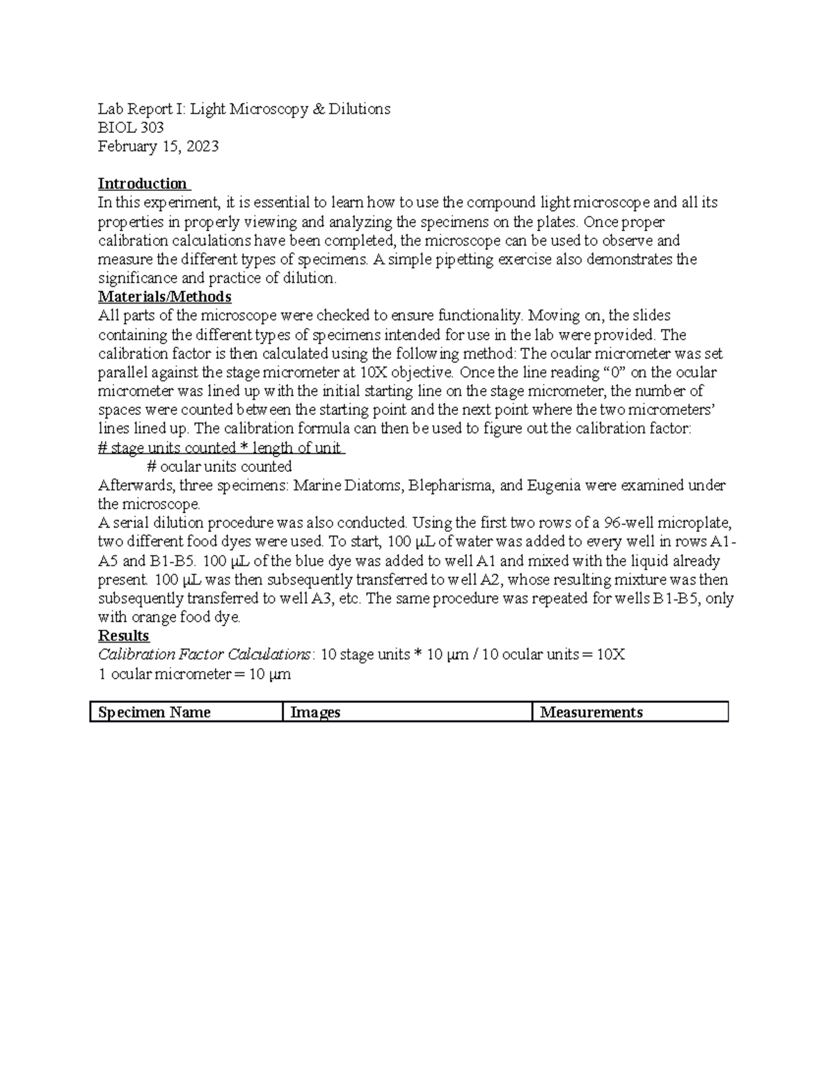 BIOL 303 Lab Report I: Light Microscopy and Dilutions Analysis - Studocu