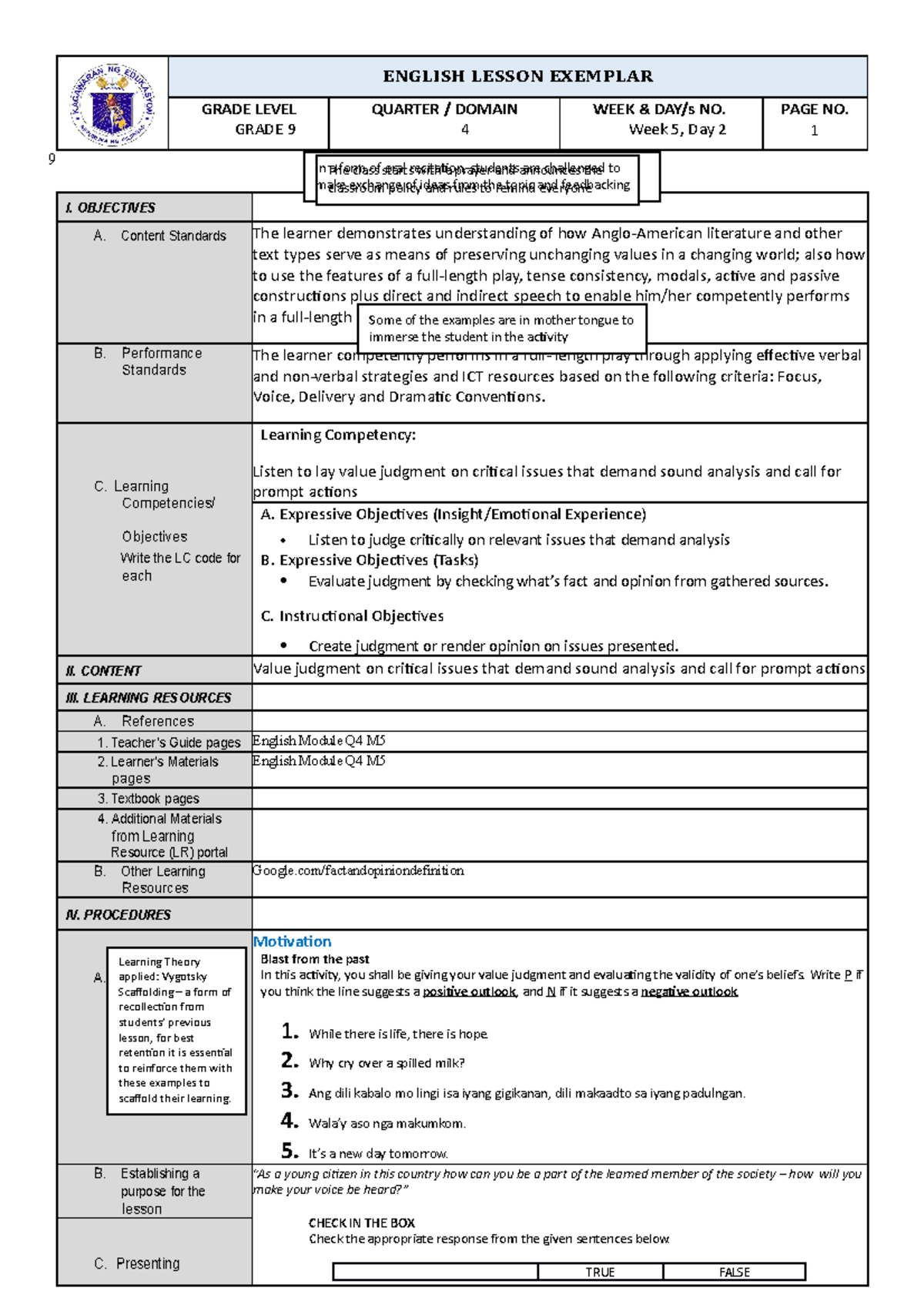 English 9 Exemplar: Judgment on Facts and Opinions in Q4 Lesson - Studocu