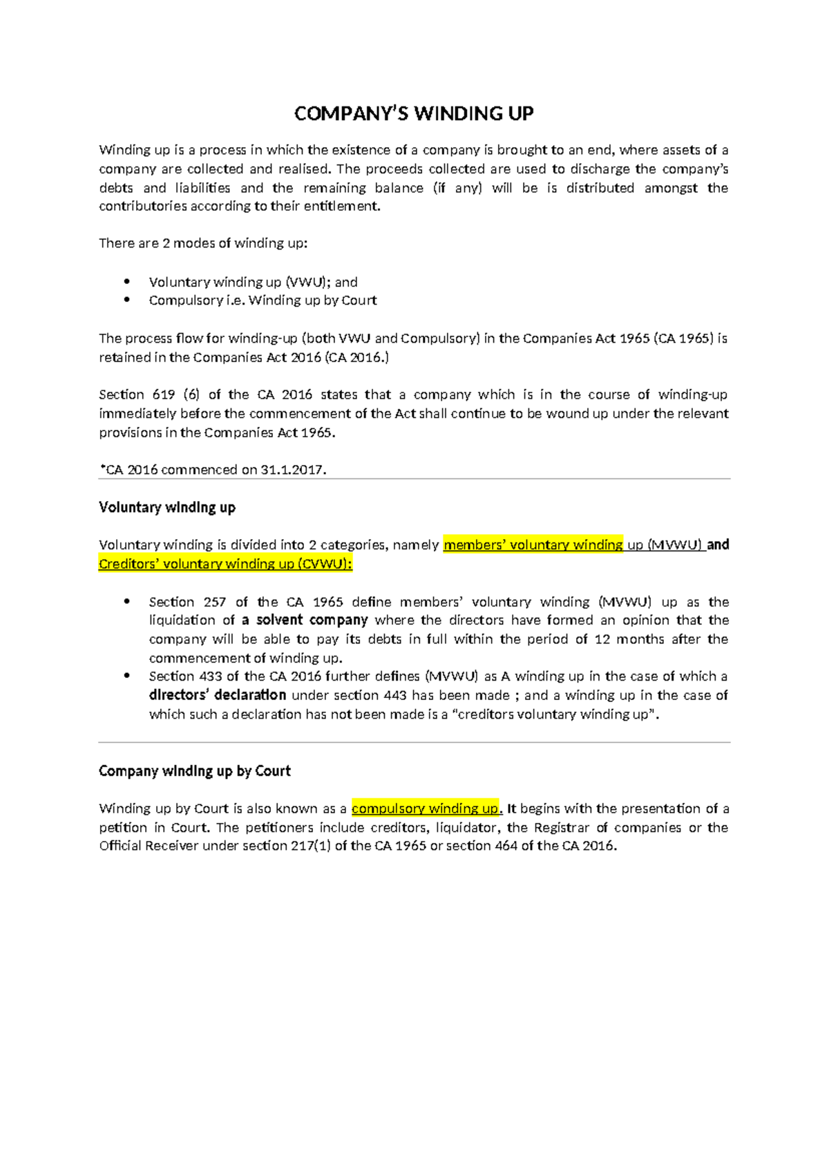 COMPANY LAW: Winding Up Processes Under CA 1965 & CA 2016 - Studocu