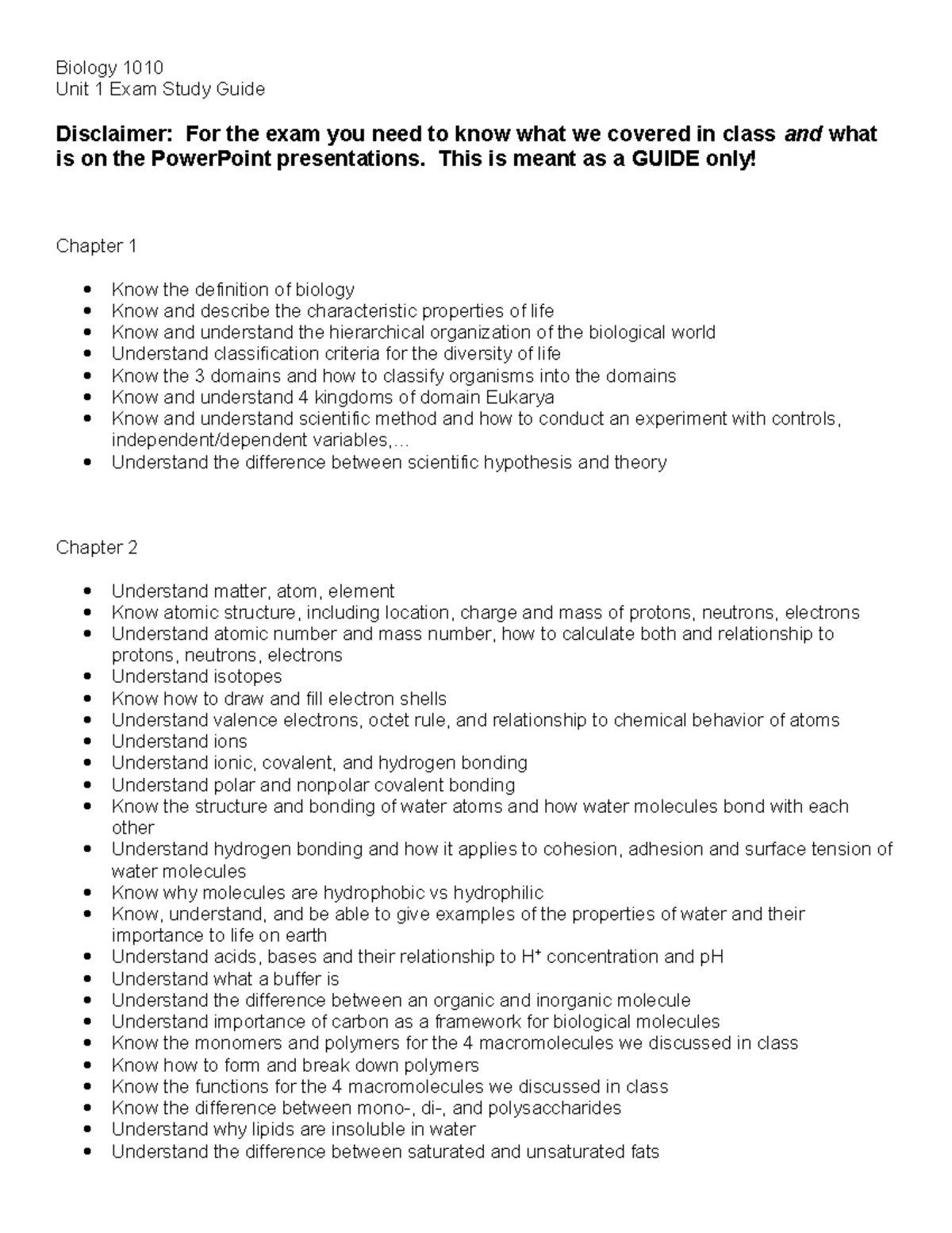 Biology 1010 Unit 1 Exam Study Guide: Key Concepts & Topics - Studocu