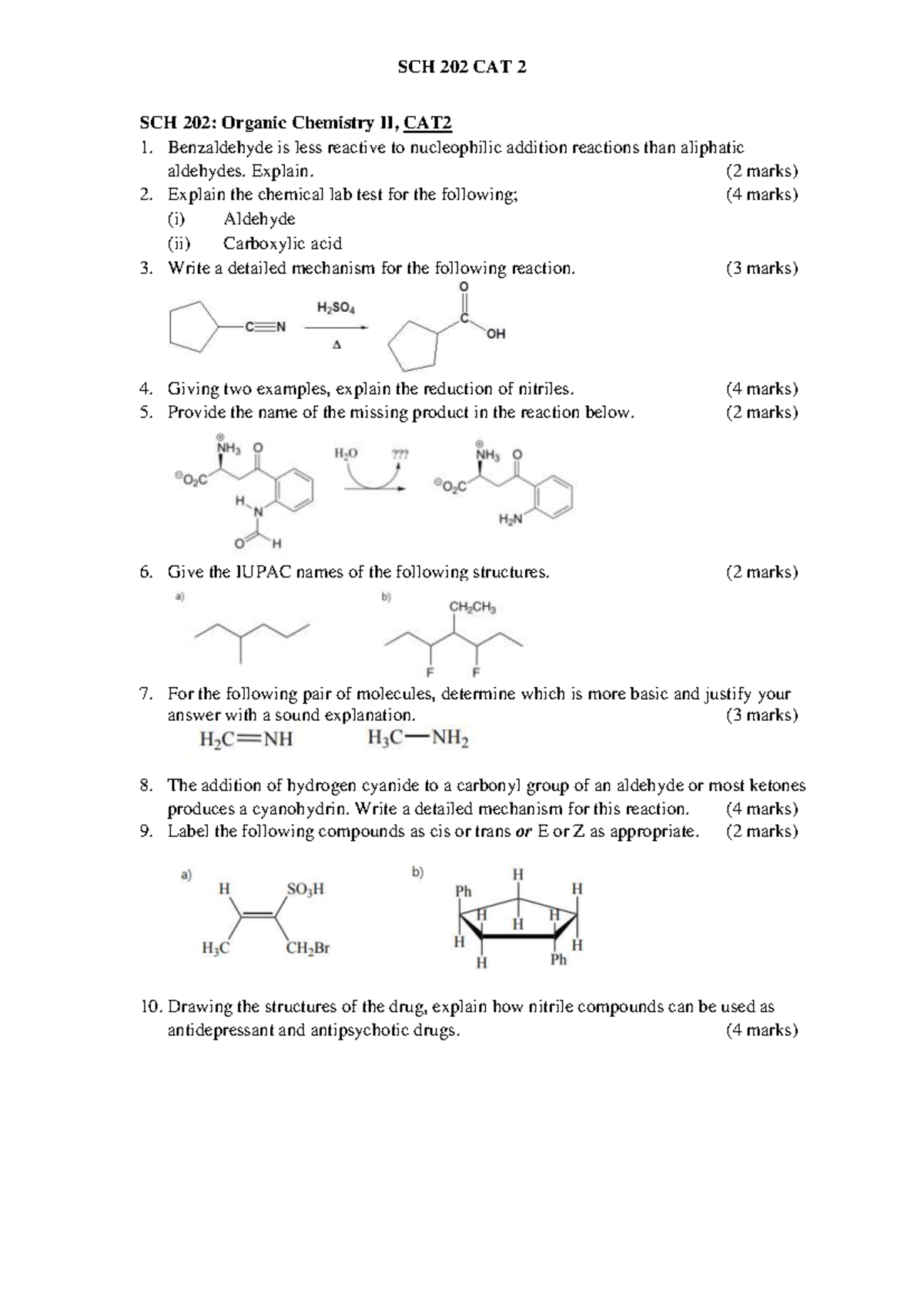 SCH 202 CAT 2 - Organic Chemistry II Revision Notes - Studocu