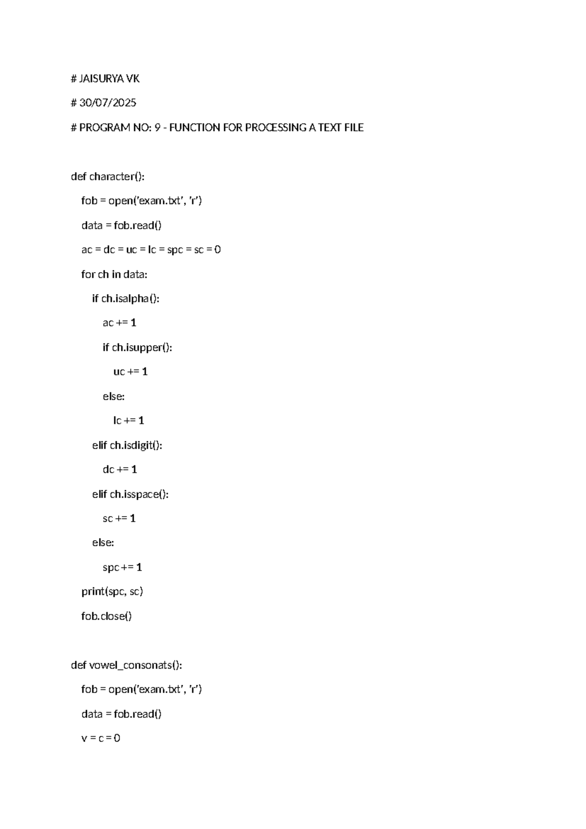 JAISURYA VK PROGRAM NO: 9 TEXT FILE PROCESSING FUNCTIONS - Studocu