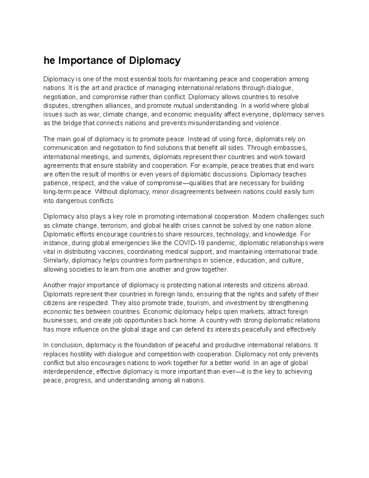 The Importance of Diplomacy in Global Relations - Studocu