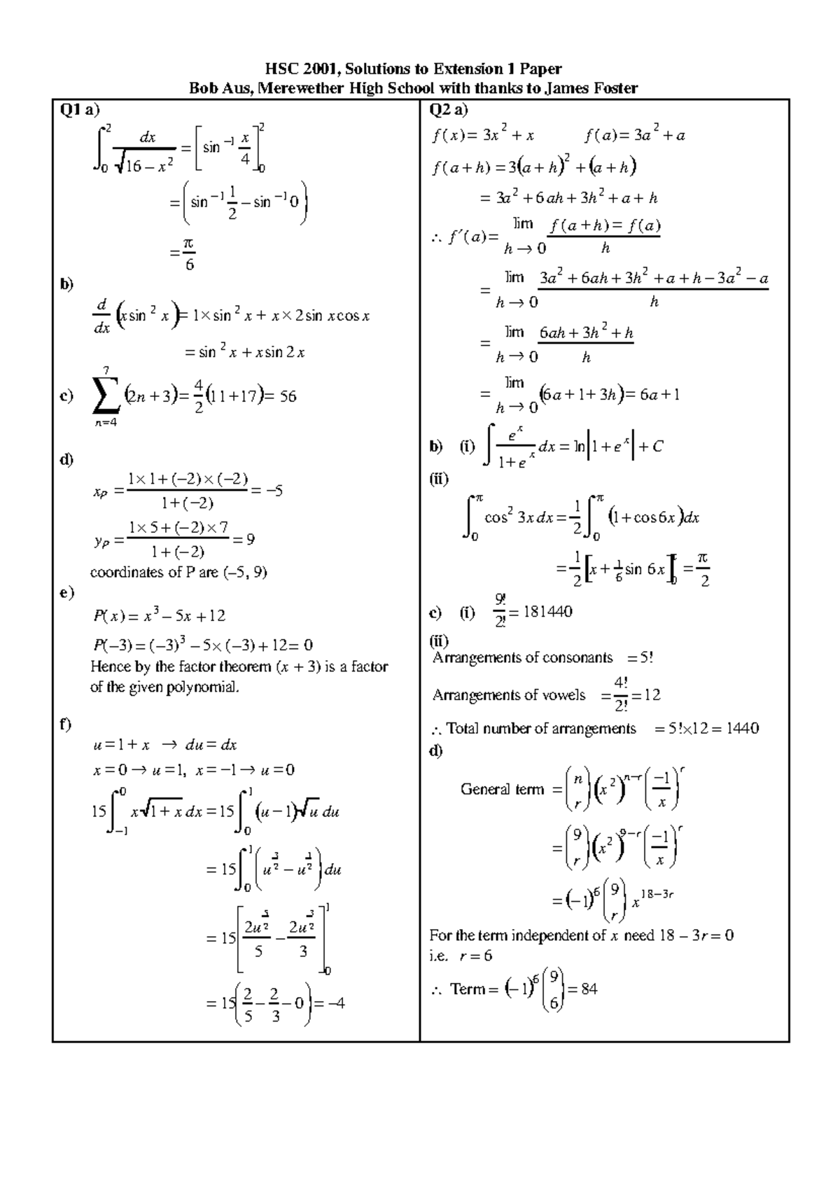 Maths Ext 1 HSC 2001 Solutions by Bob Aus - Studocu